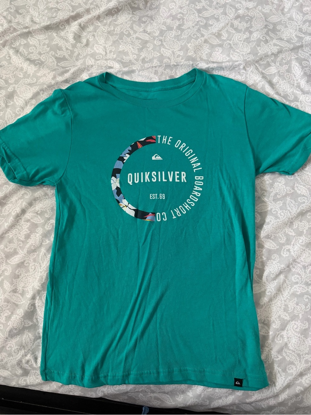 Quiksilver Teal Short-Sleeve Logo Tee with Patterned Crescent